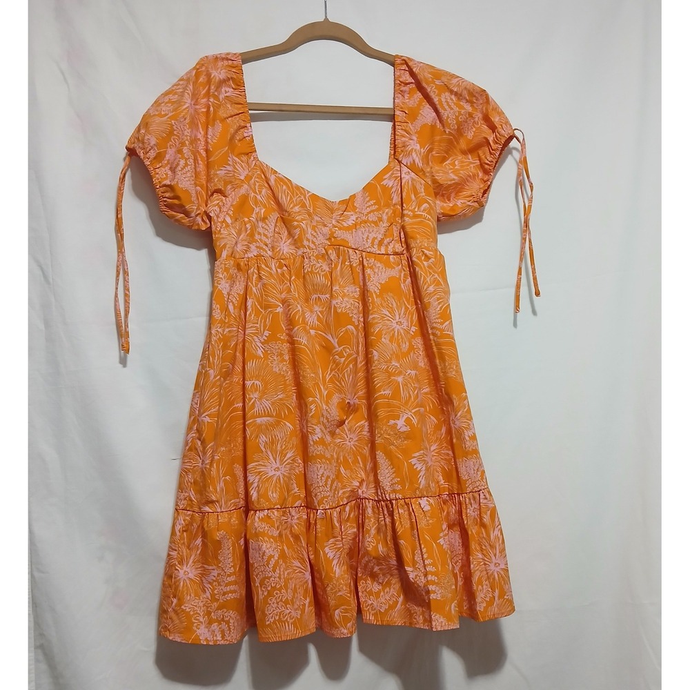Lush Floral Mini Dress Sweetheart Neckline Puff Sleeve‎ Tie Straps Size M